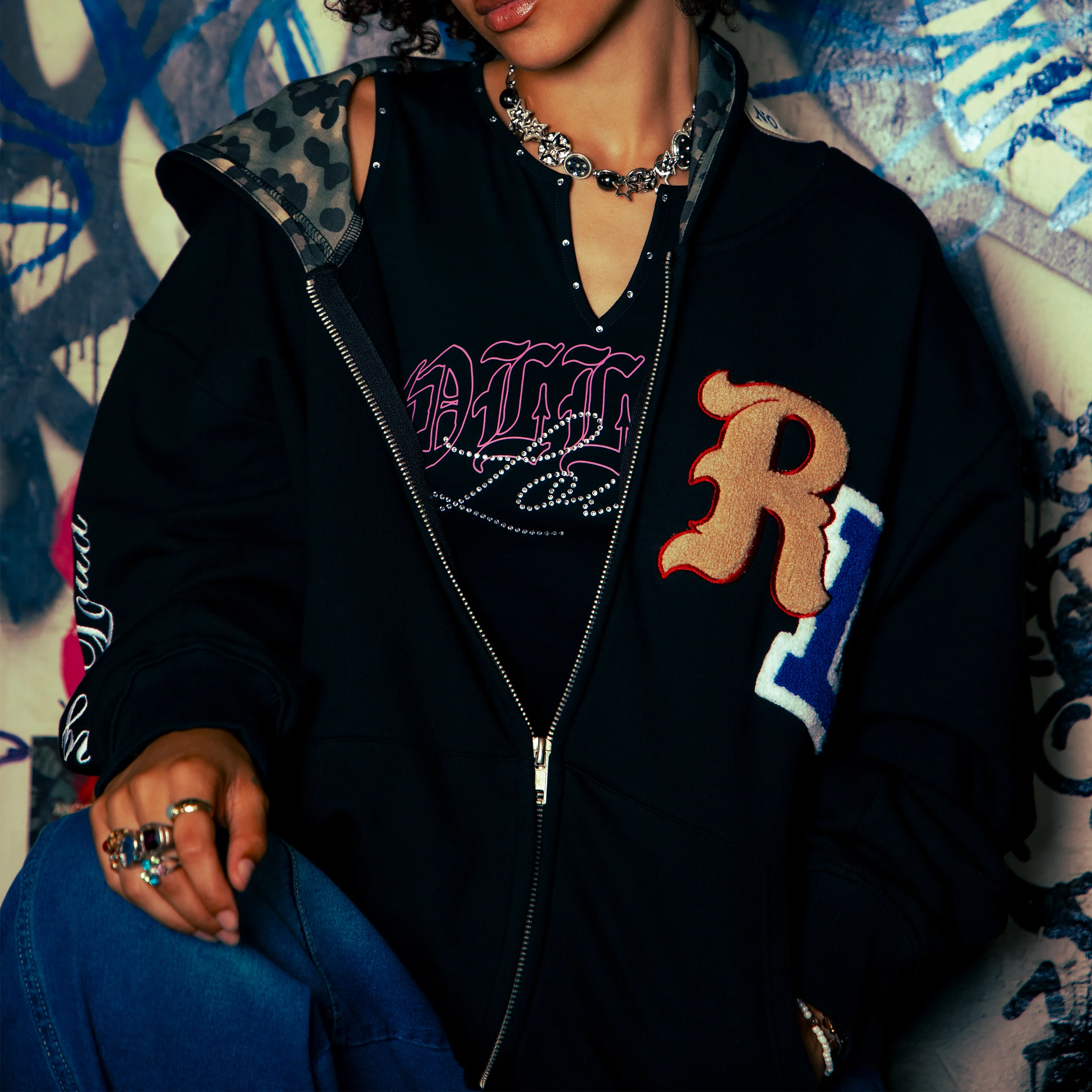RF Loud Chenille Washed Black Zip Hoodie - Image 3